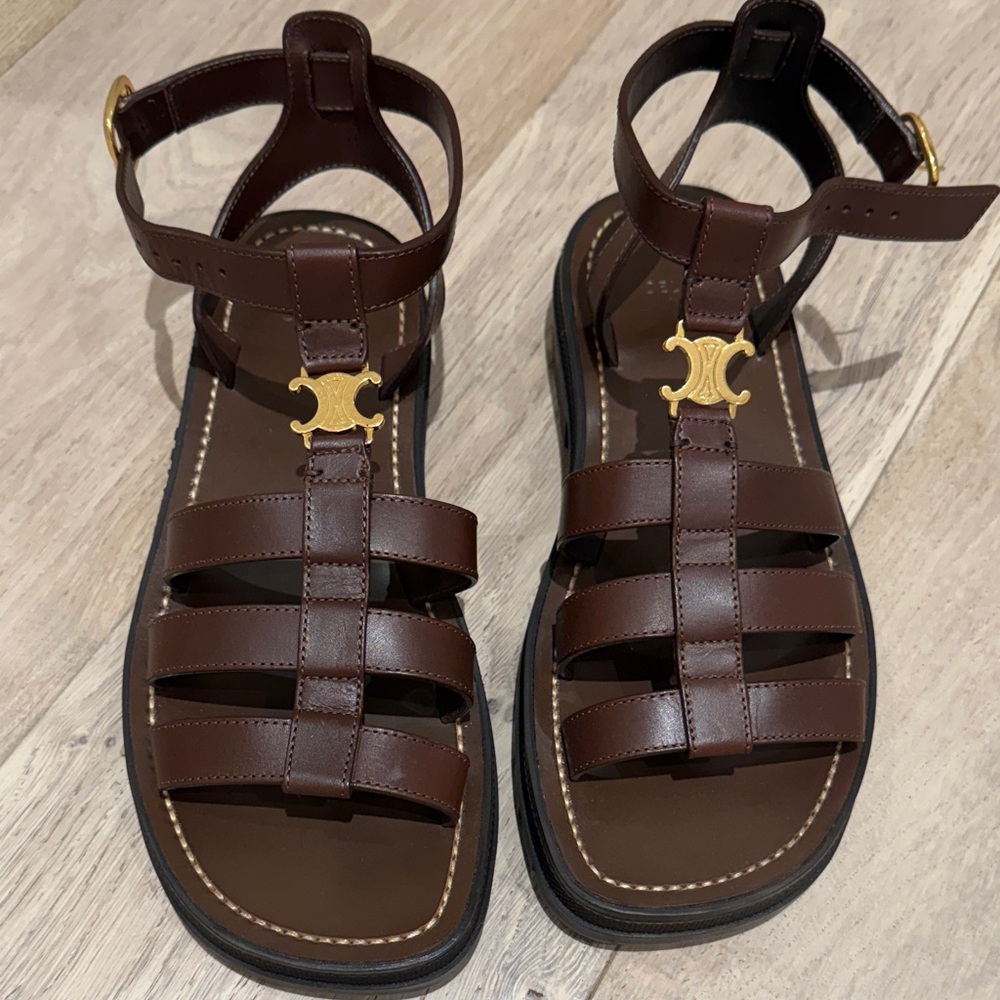 Celine clea triomphe Brown Sandals with Gold Accent